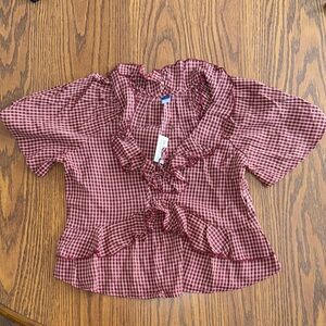 Old Navy Burgundy Checkered Ruffle Blouse